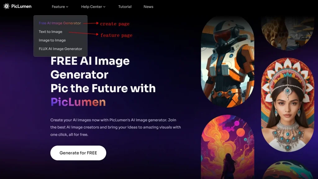 open piclumen and find create page