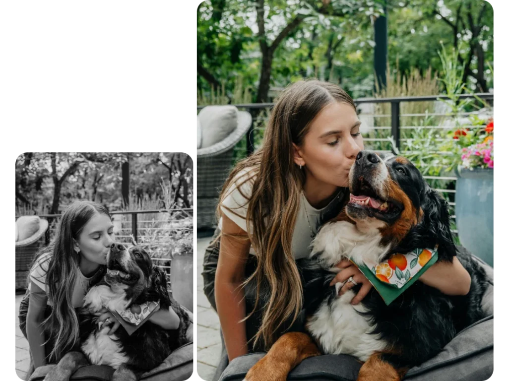 before and after comparison of colorizing a black and white photo of a girl and her dog