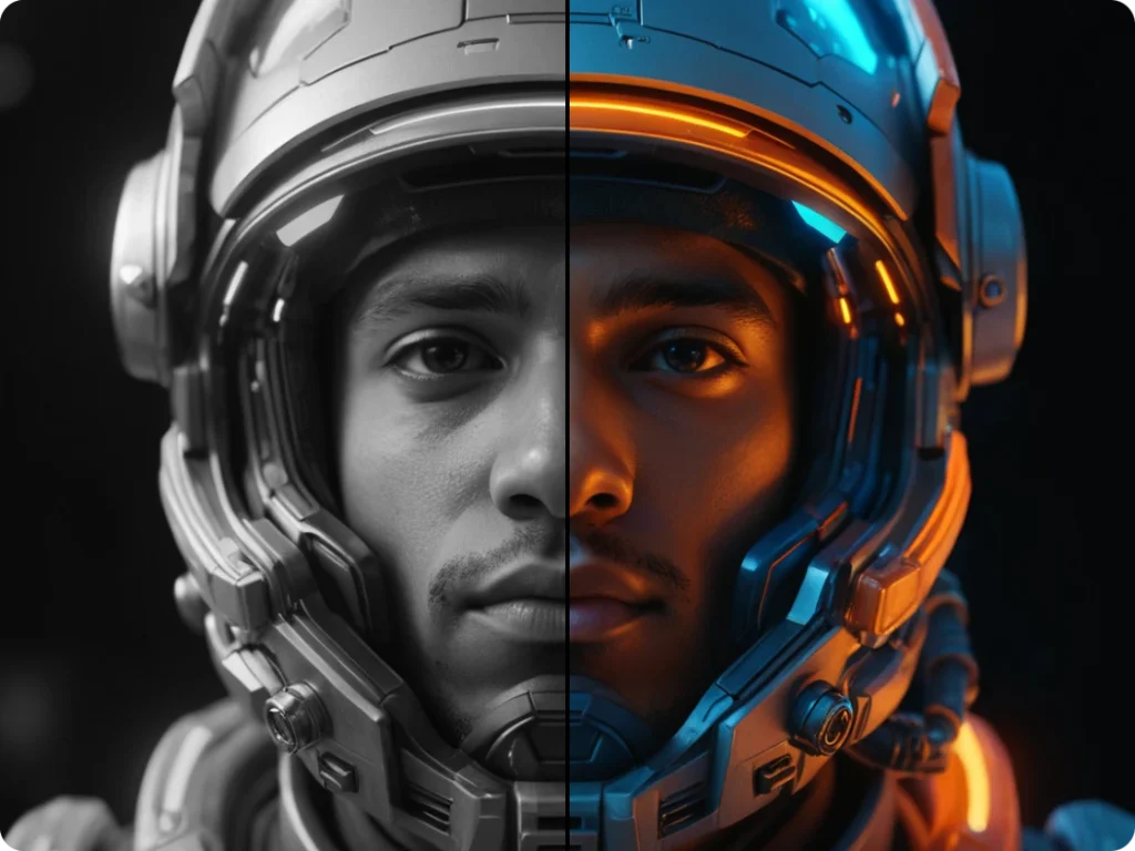portrait of a male astronaut with one side painted