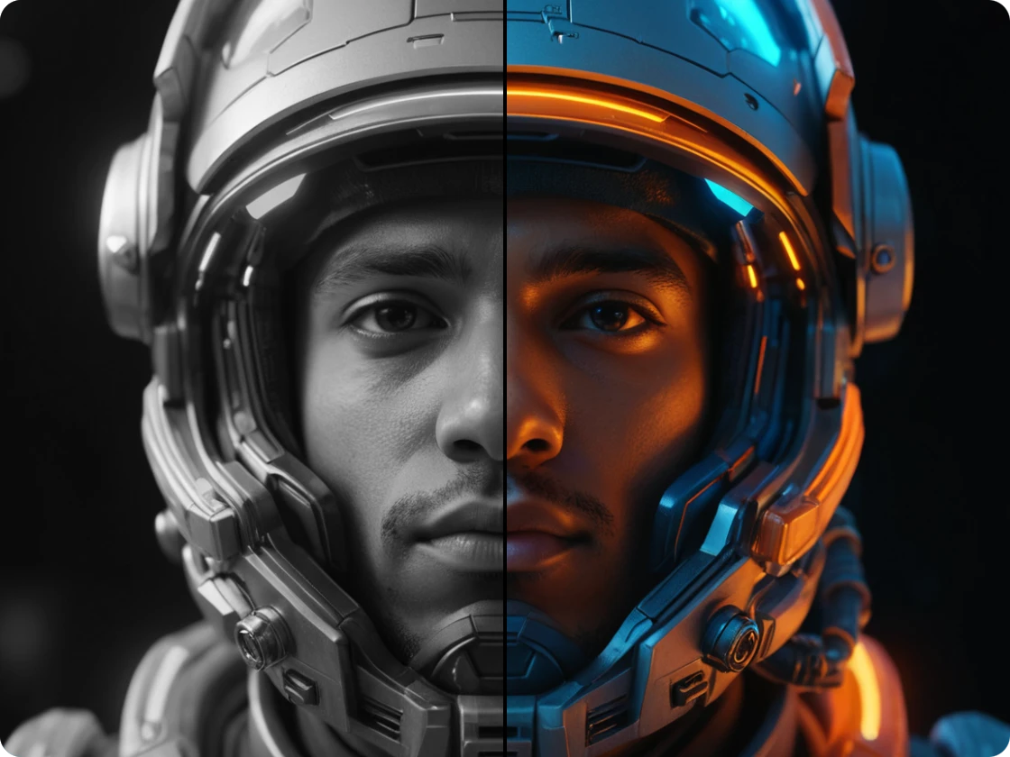 Porträt eines männlichen Astronauten, dessen eine Seite bemalt ist