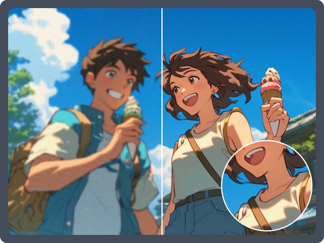 comparison effect of upscaling an anime picture of a boy and a girl