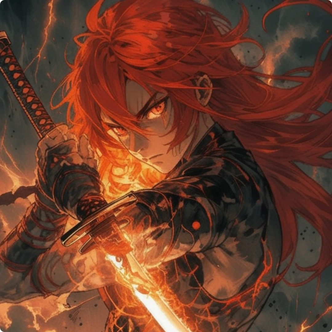 ai anime art of a red haired samurai holding a flame katana