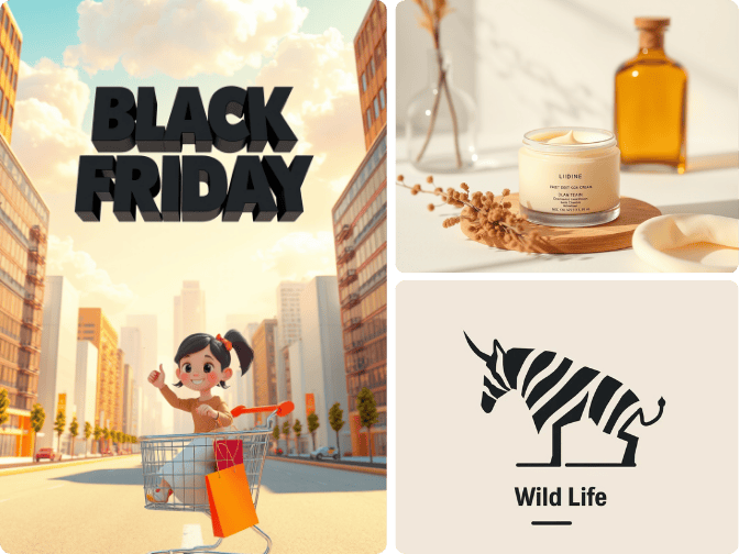 three commercial visuals of poster, logo and product image