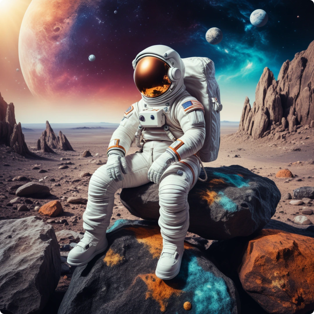 surreal art of an astronaut sitting on a rock of a planet