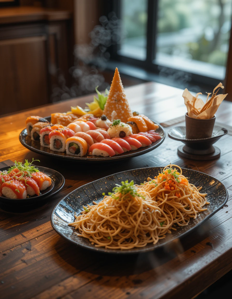 ai realistic art generator - a table of Sushi and noodles