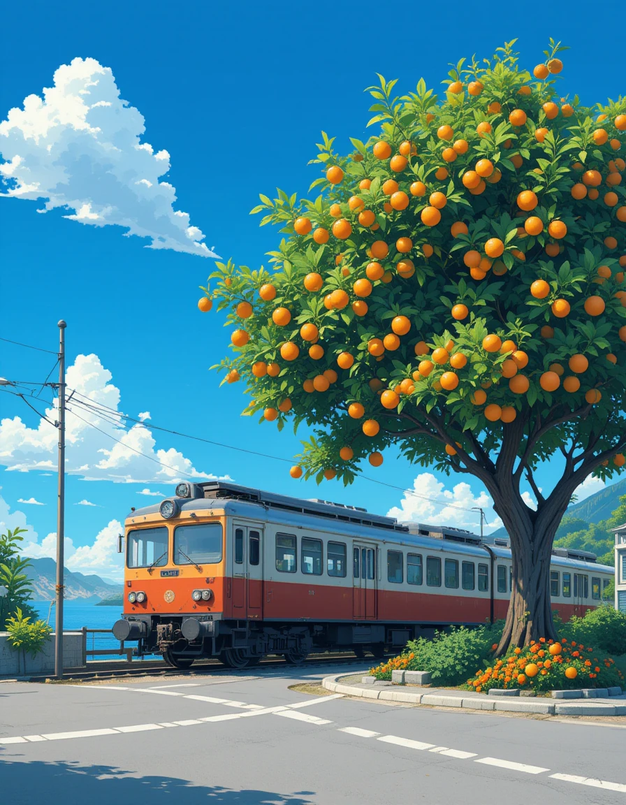 anime style train and orange trees