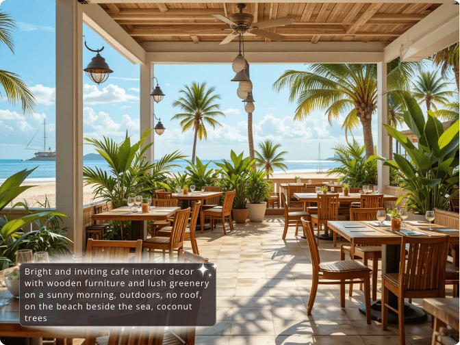 restaurant near the beach created from text using PicLumen ai design generator