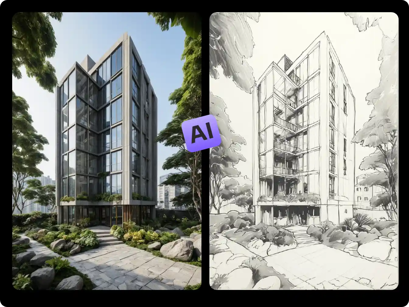 using ai transformed building sketch from a real building foto