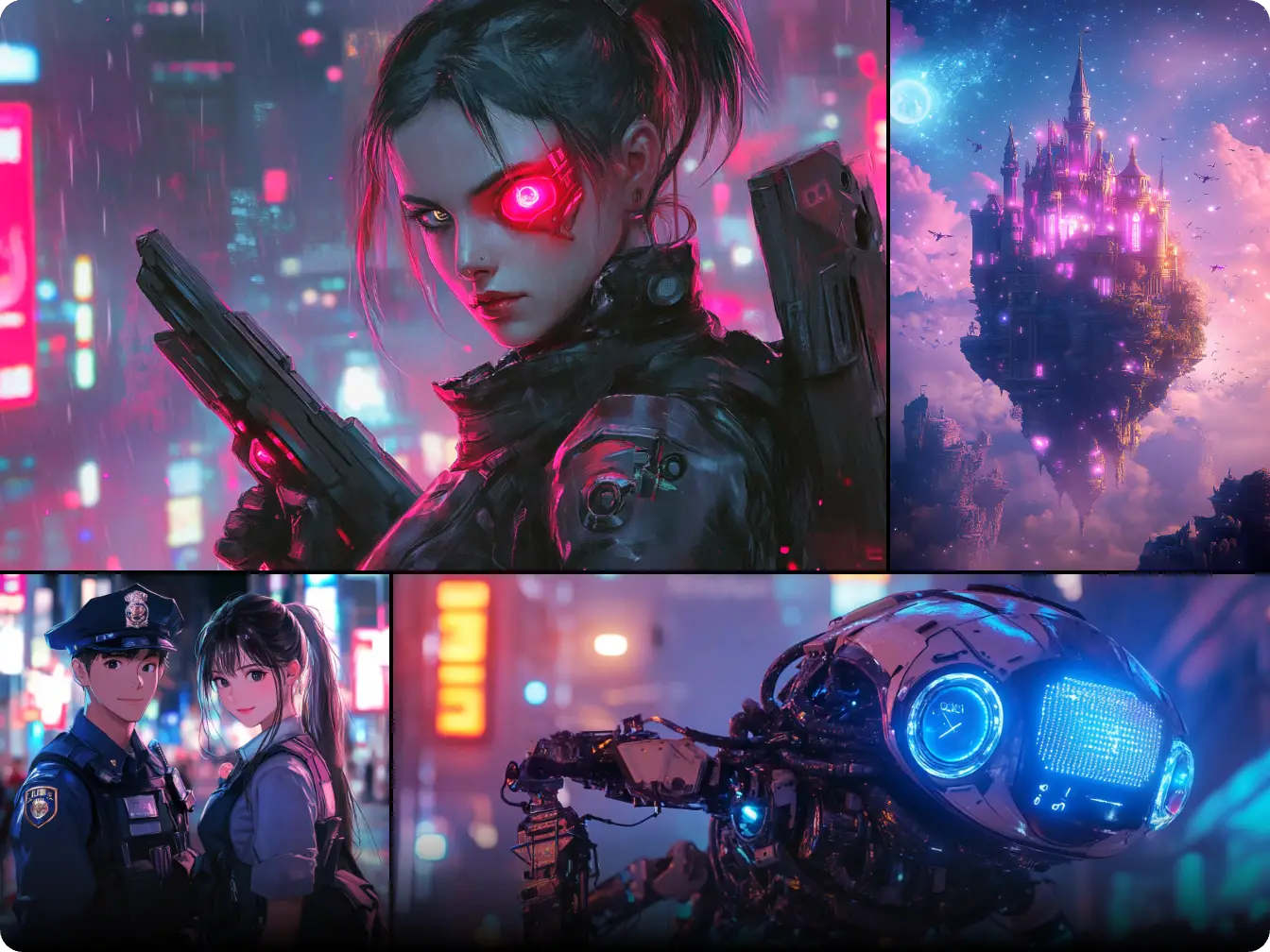 four ai generated wallpapers in cyberpunk style with piclumen ai wallpaper generator