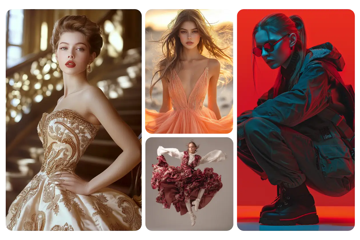 4 femal models wearing fashion clothing with dynamic poses