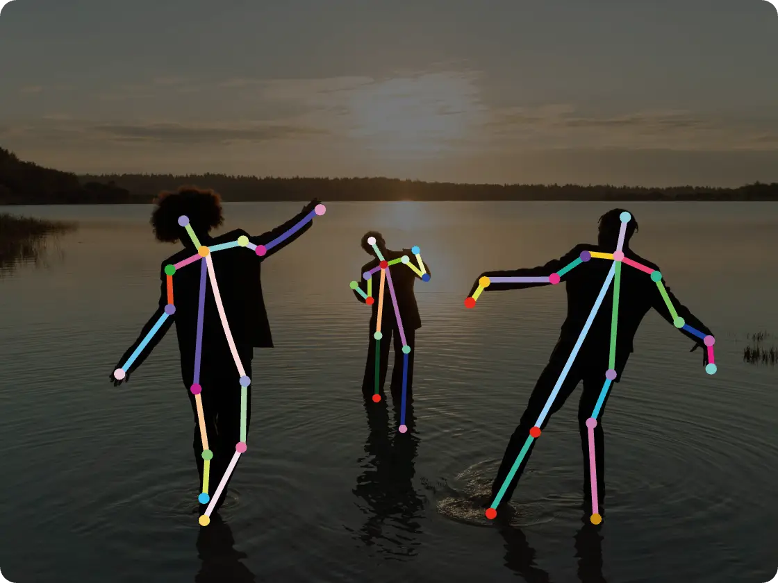 ai pose generator extracted poses from photo of three people playing in water