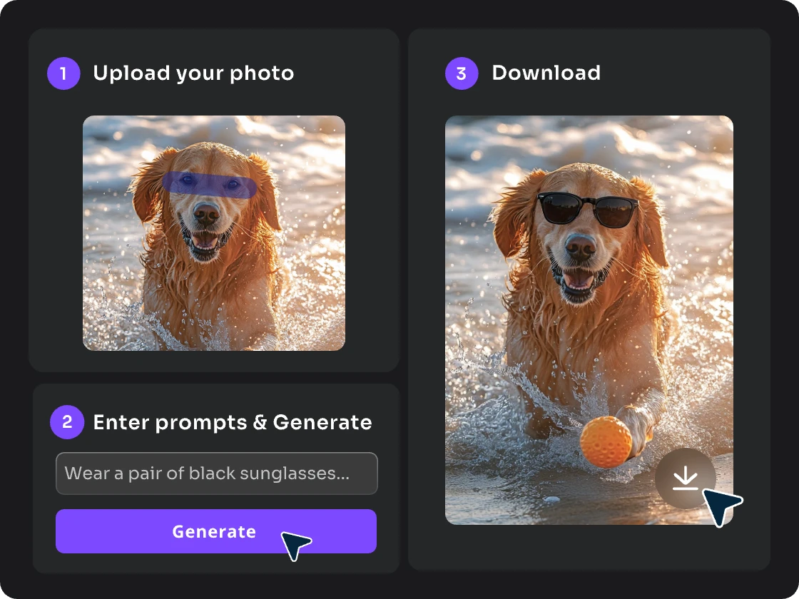 Step-by-step guide showing AI pet accessory replacement, from upload to download with inpainting