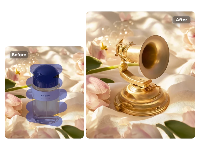 Before and after image of a perfume bottle transformed into a golden horn using AI replace and inpainting