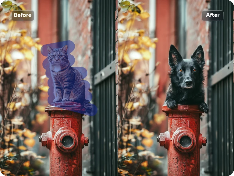 AI pet replacement example where a cat is swapped with a dog on a fire hydrant, showcasing face swap technology