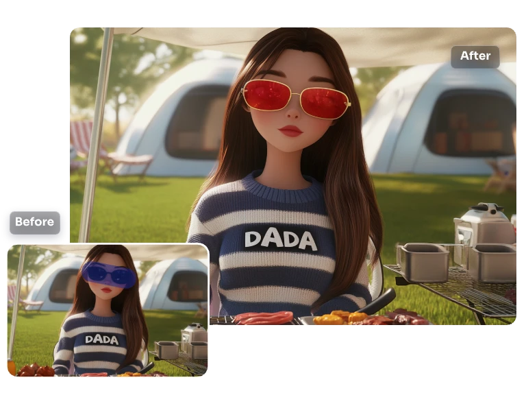 Transformation of a cartoon character into a realistic person at a campsite, using AI face swap and inpainting