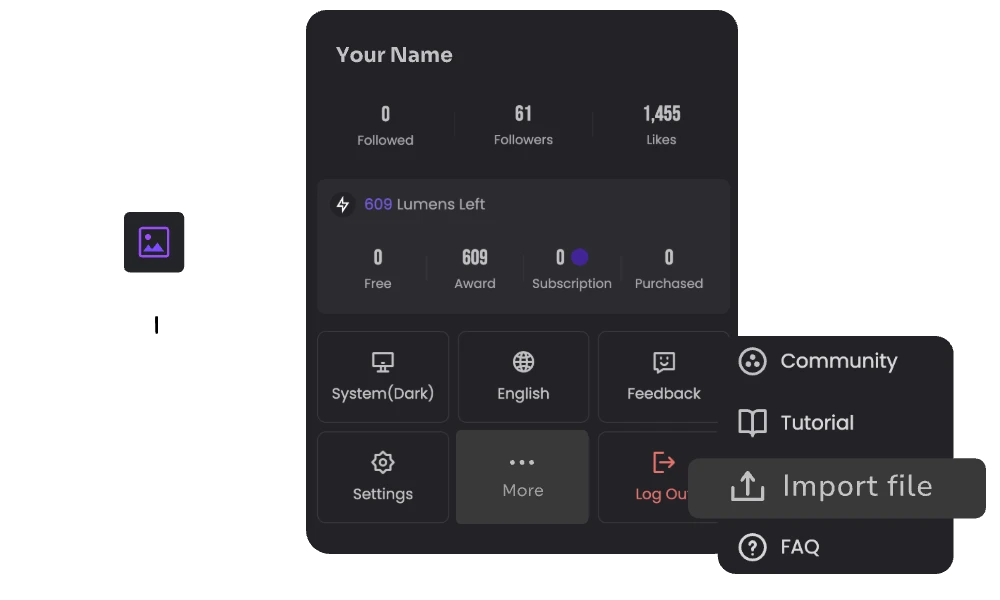 user interface showing social stats and options for AI image replacement and inpainting