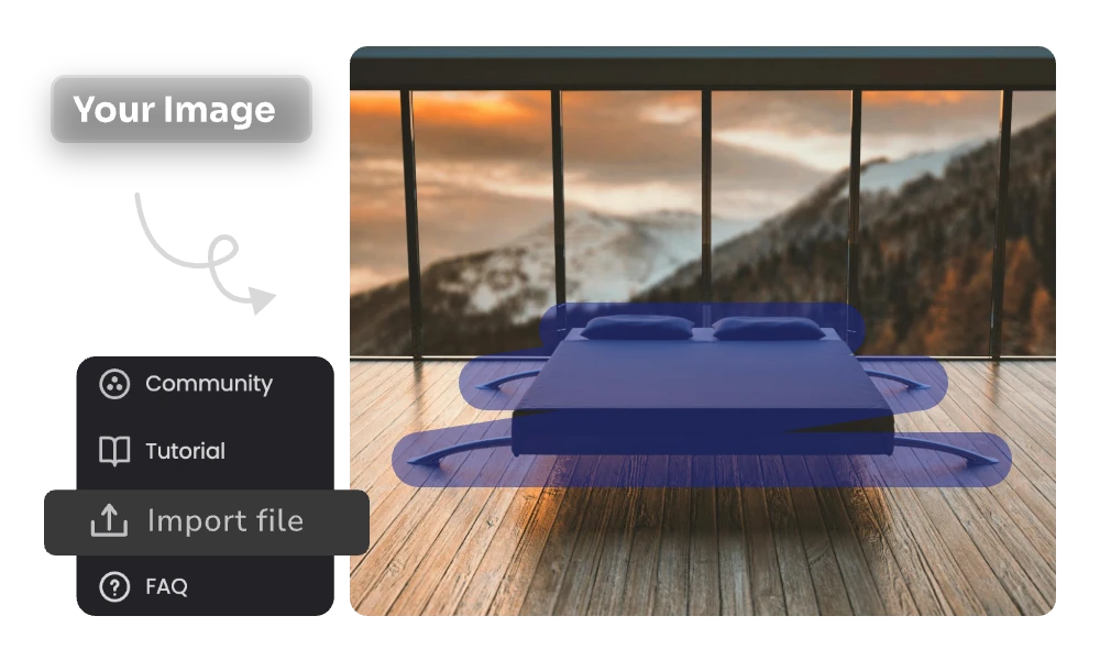 Before and after image of a bedroom with AI bed replacement and inpainting of the surrounding decor