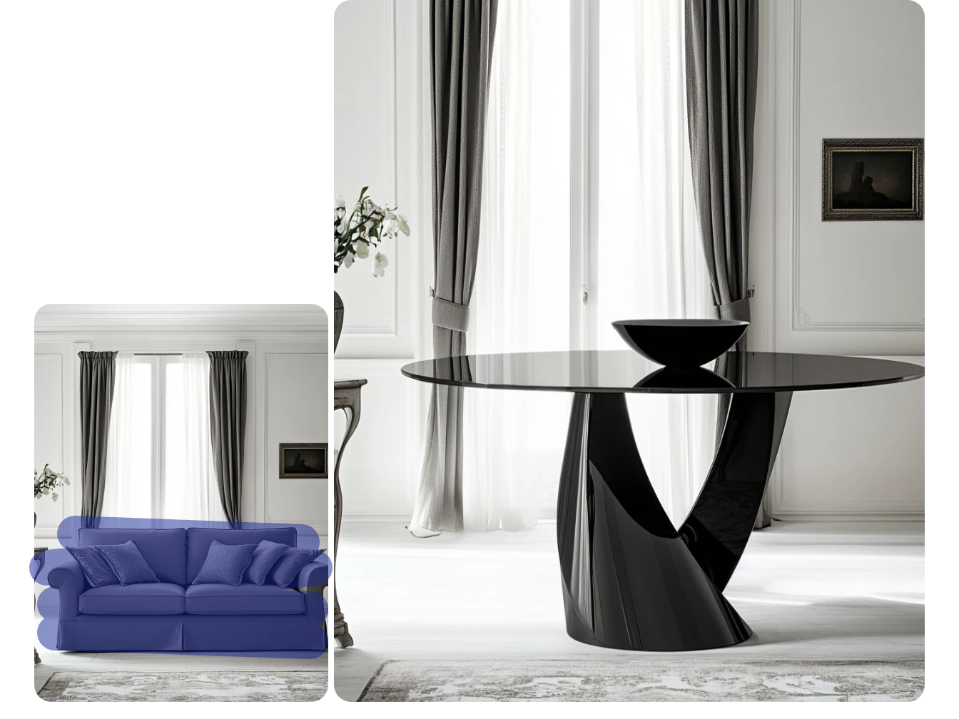 comparison of a living room before and after AI furniture replacement, showcasing inpainting capabilities