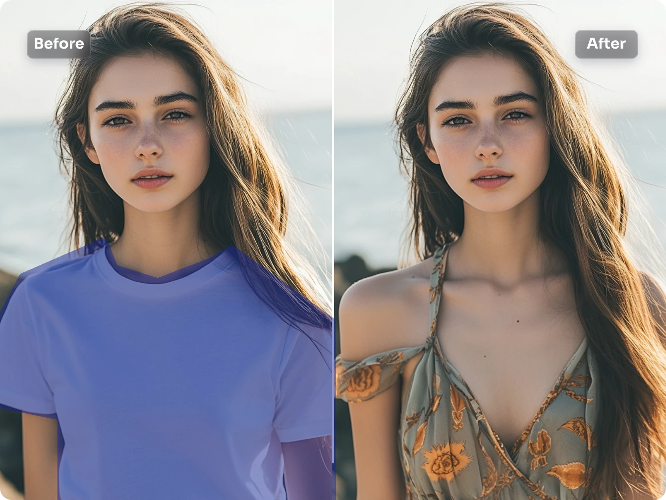 Side-by-side comparison of a person's attire change using AI clothing replacement