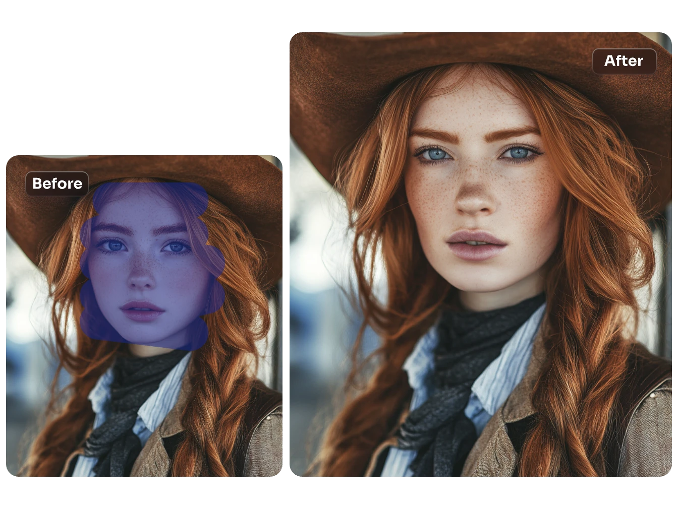 Before and after image of a person with AI face swap technology, demonstrating detailed inpainting