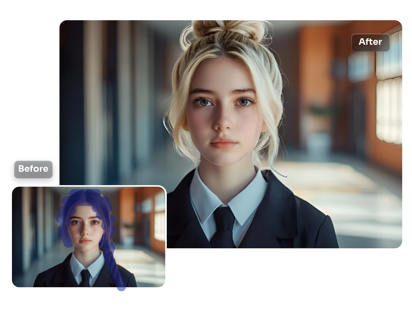 AI-driven transformation of a person's hairstyle and clothing, highlighting face swap and inpainting