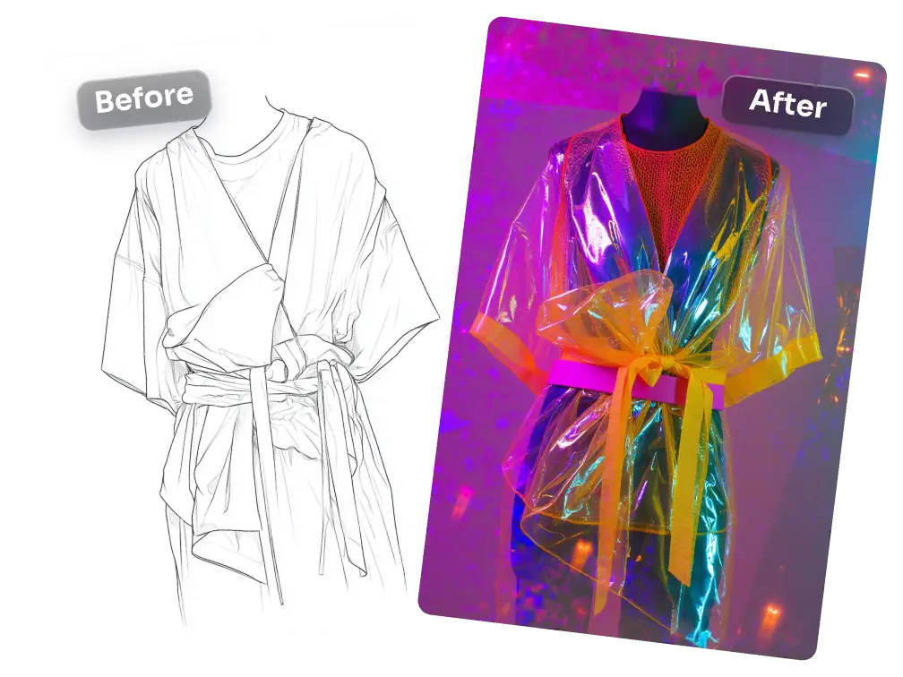 convert a pencil sketch of a fashion clothes design into realistic clothes with fabric and colors