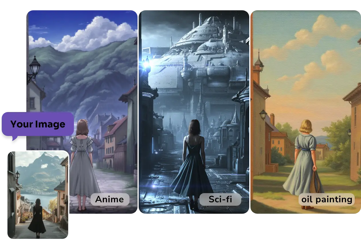 convert a reference image of a young woman standing before mountains into three different styles including anime sci-fi and oil painting made in piclumen's flux controlnet depth to