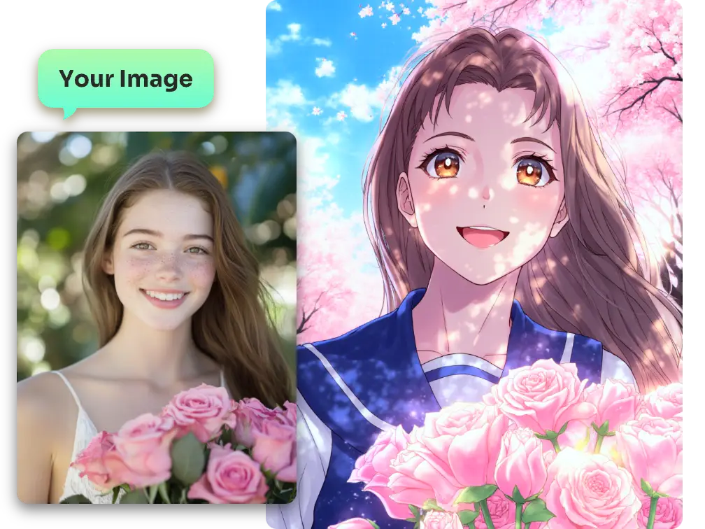 convert a smiling woman's realistic portrait into anime style