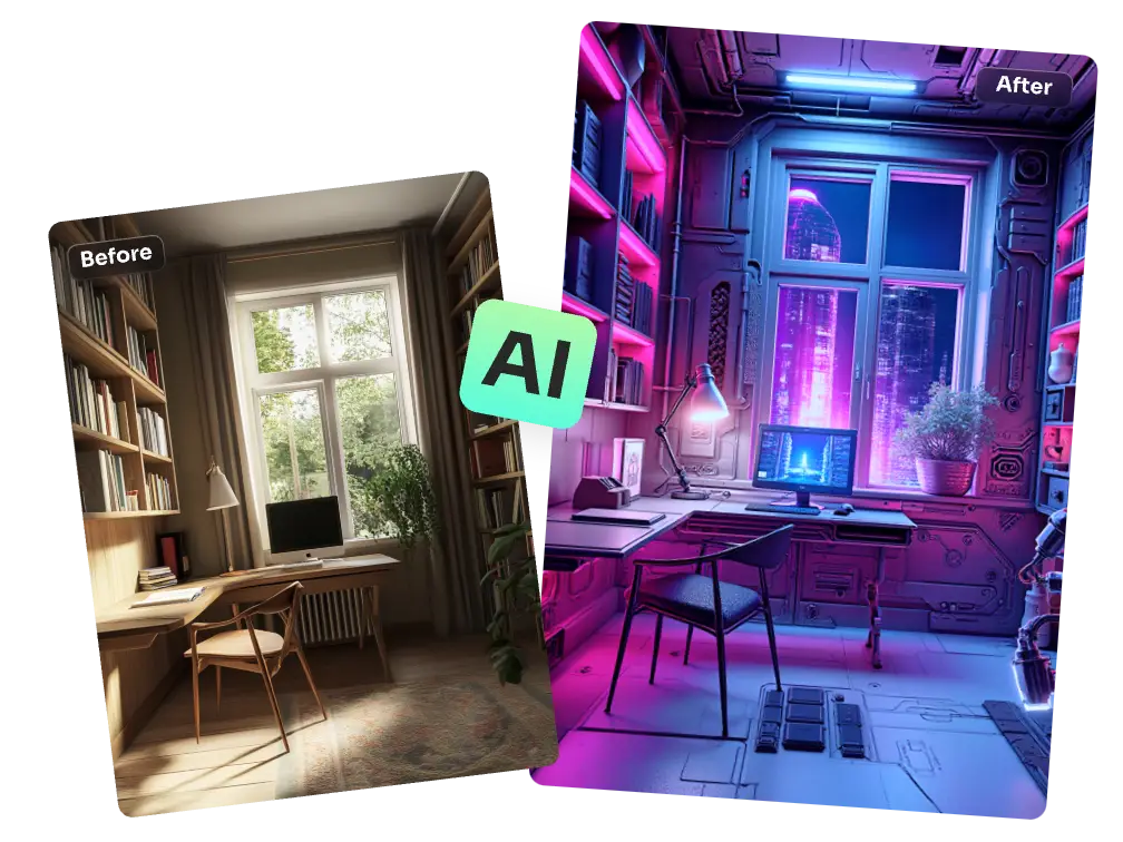 convert a study room in log style into cyberpunk style while keeping the original outlines and image edges