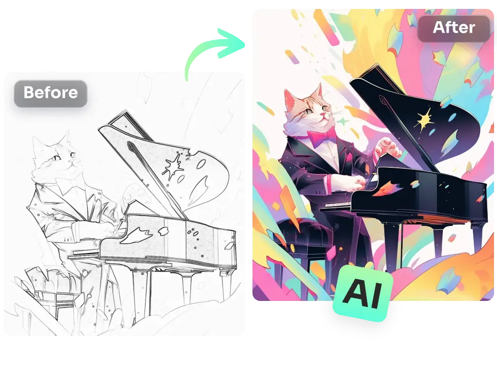detect the lines of a black and white sketch of a cat playing piano into colorful cartoon illustration