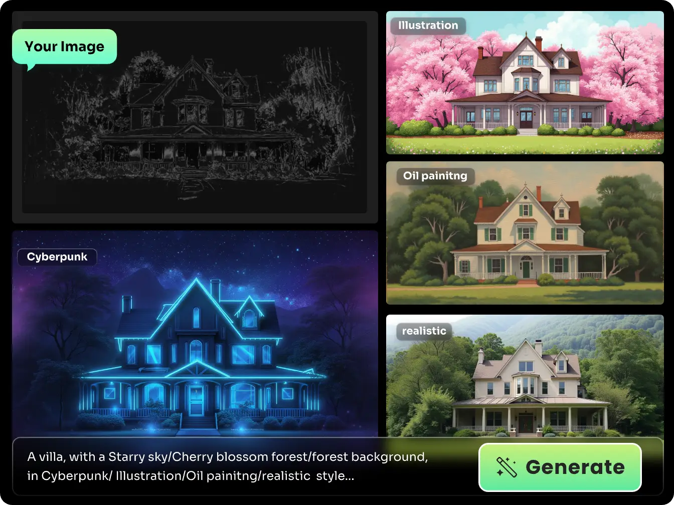 extract lines and edges from an architecture image and transform into four styles using piclumen flux controlnet canny model
