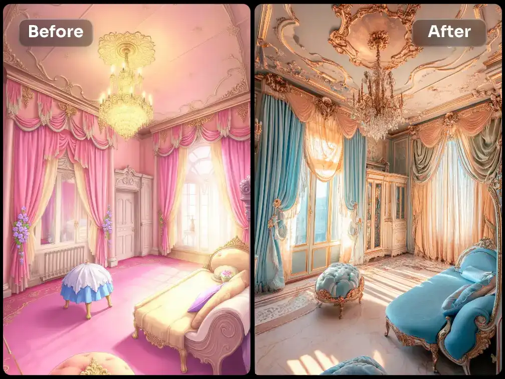 extract the lines of a cartoon style princess living room and convert into a realistic design style