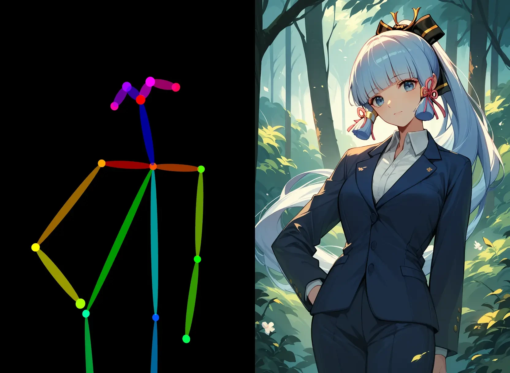 piclumen pose generator created pose with one arm crossed from a anime style woman wearing a suit