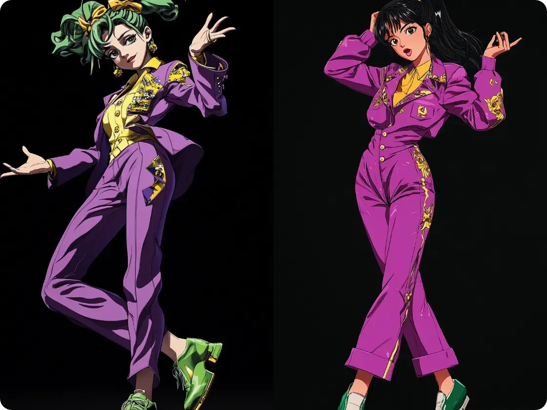 using pose generator created two female animation character in different styles