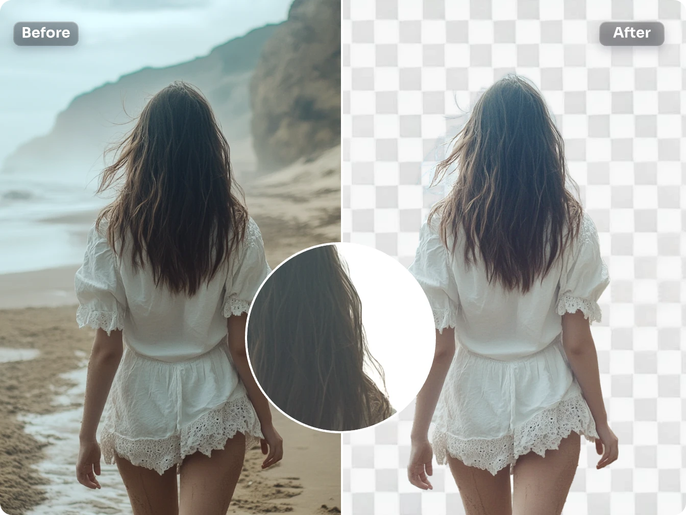 completely preserved girl's back by background remover without cut off hair details