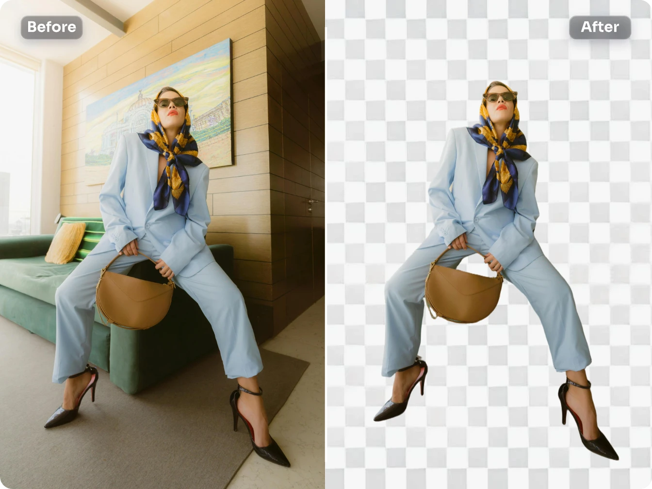 bg remover removed home background of a trendy woman wearing a blue suit