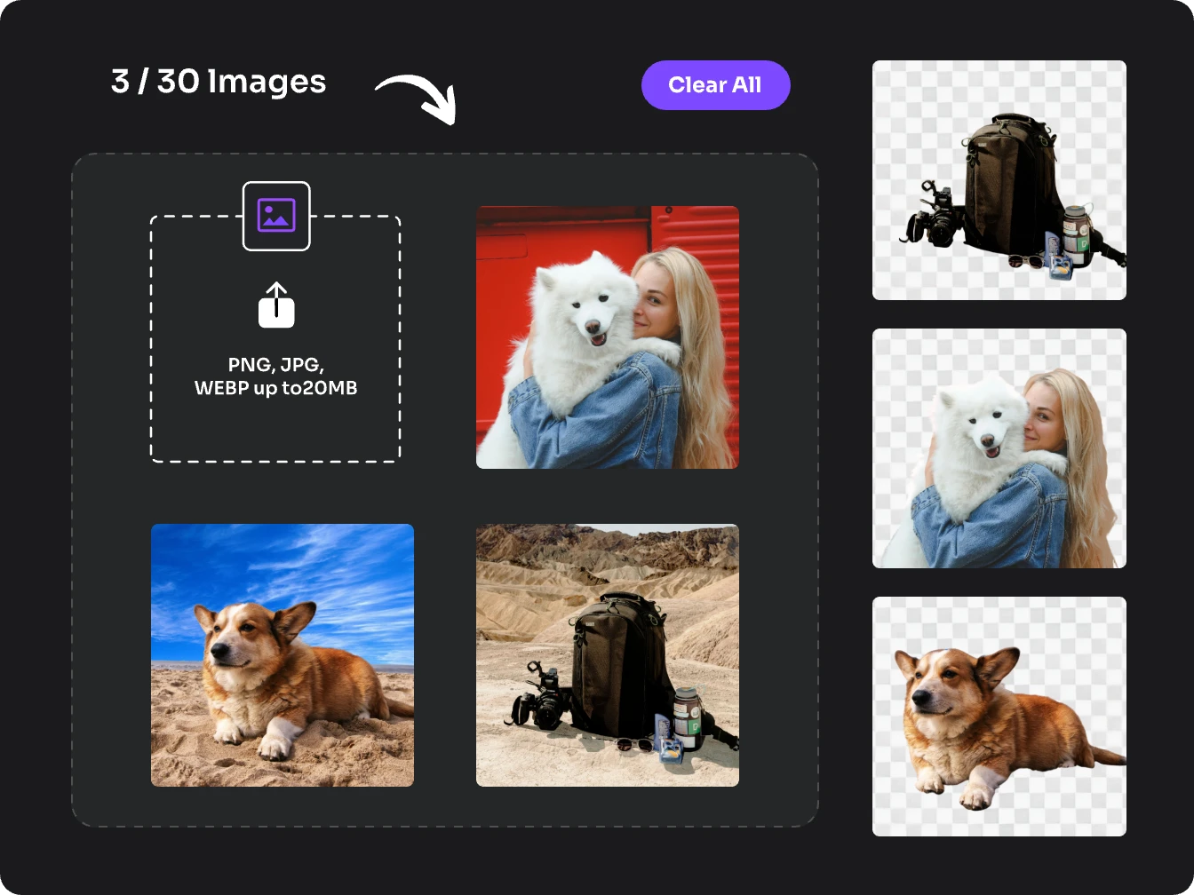 batch background removal for 3 photos of hiking gear, a girl with a dog, and a corgi.