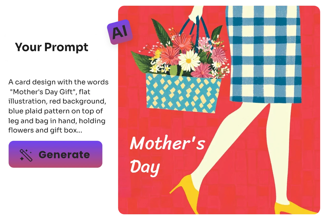 using mother's day ai image generator created mother's day card of a woman's leg and a basket of flowers