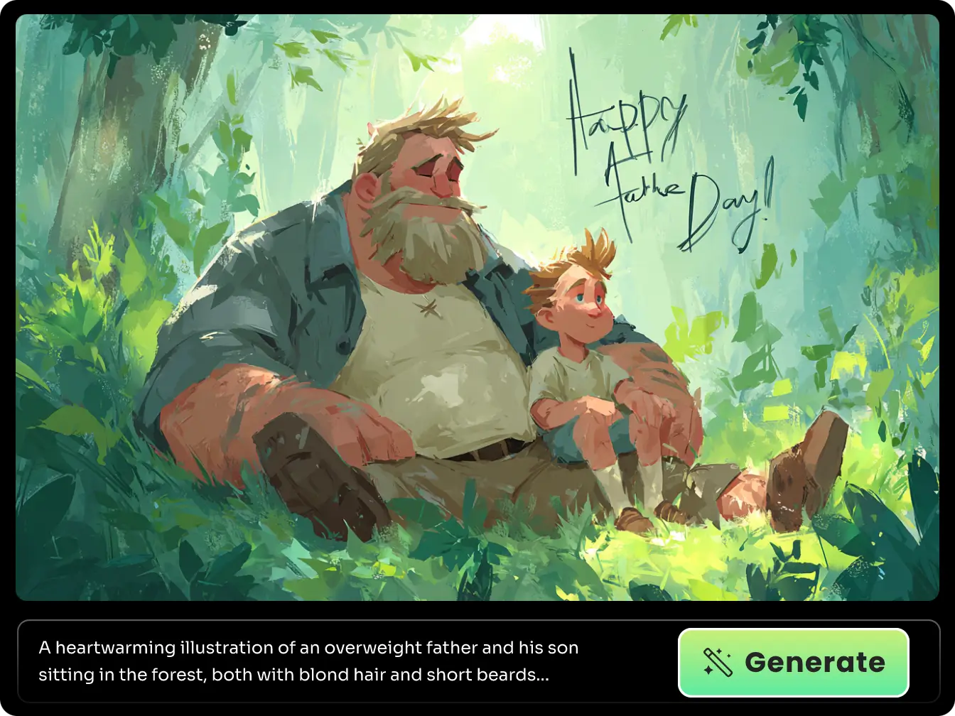 Illustration of a father and son sitting and talking on a forest lawn created by father's day image generator