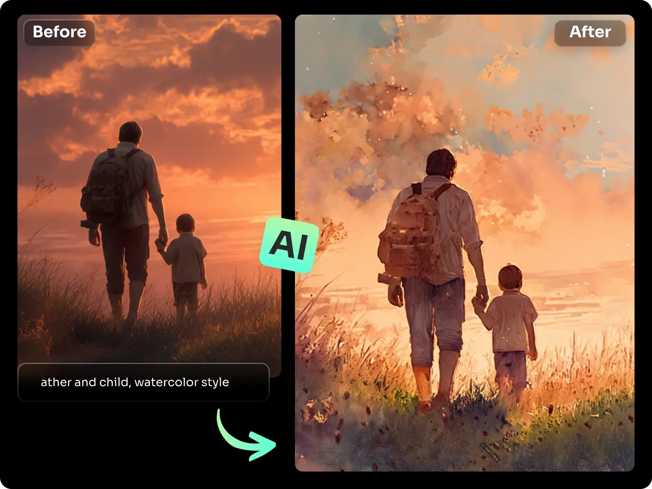A portrait painting created from a photograph of a father and son walking hand in hand in the sunset