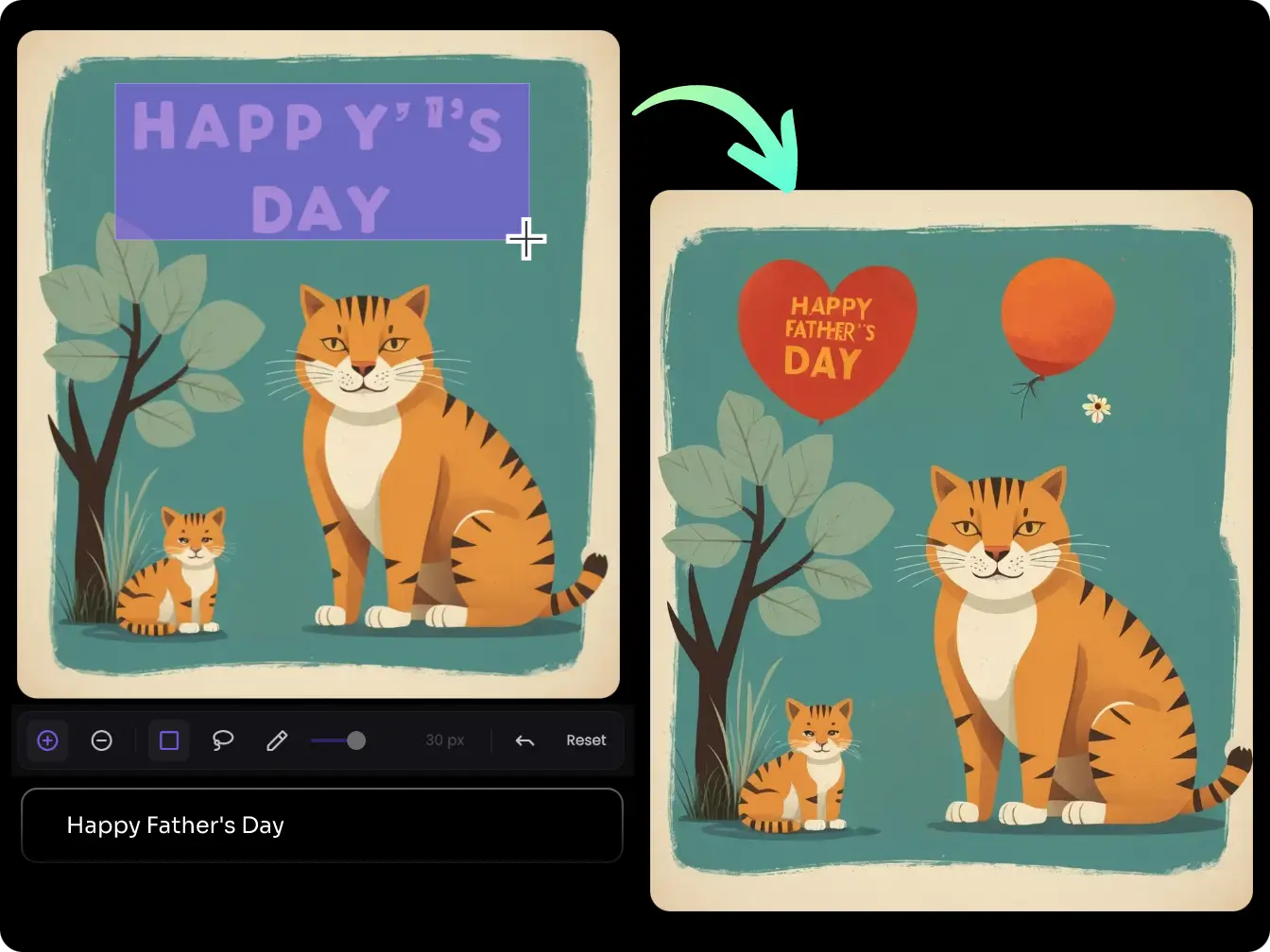 using ai replacer edited father's day greeting card of a father cat and his child