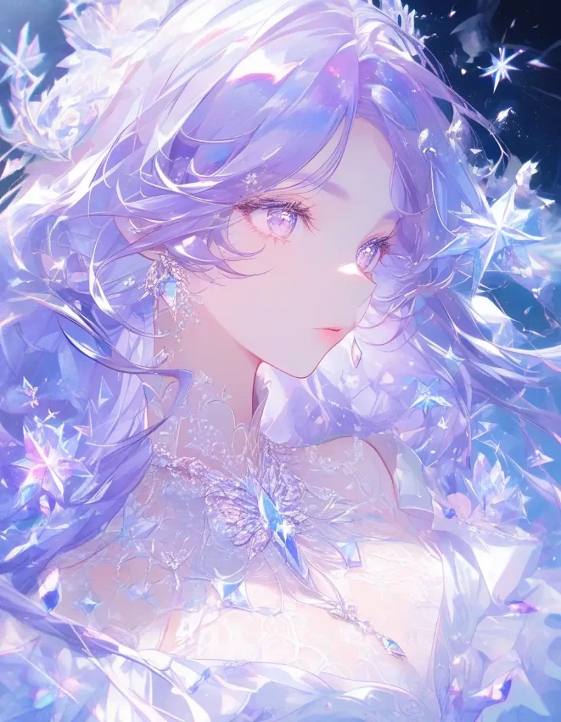 Close-up of a dreamy anime girl in a shining white Lolita dress with crystal details