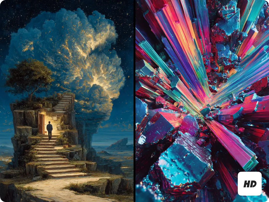 2 surrealism art images including a man walking under night sky and sci-fi urban buildings created by Piclumen