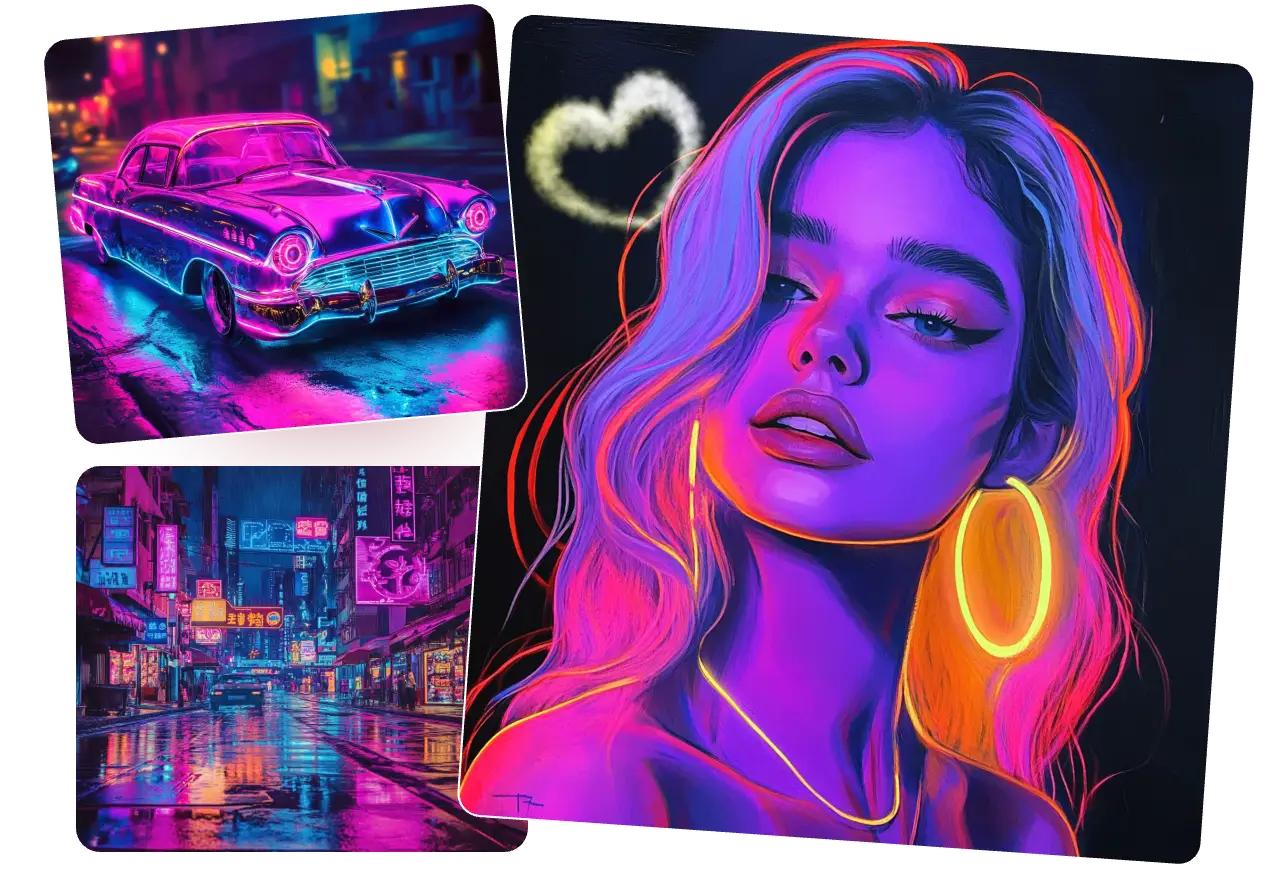 3 AI neon images including a girl portrait a car and a street scenery created by Piclumen