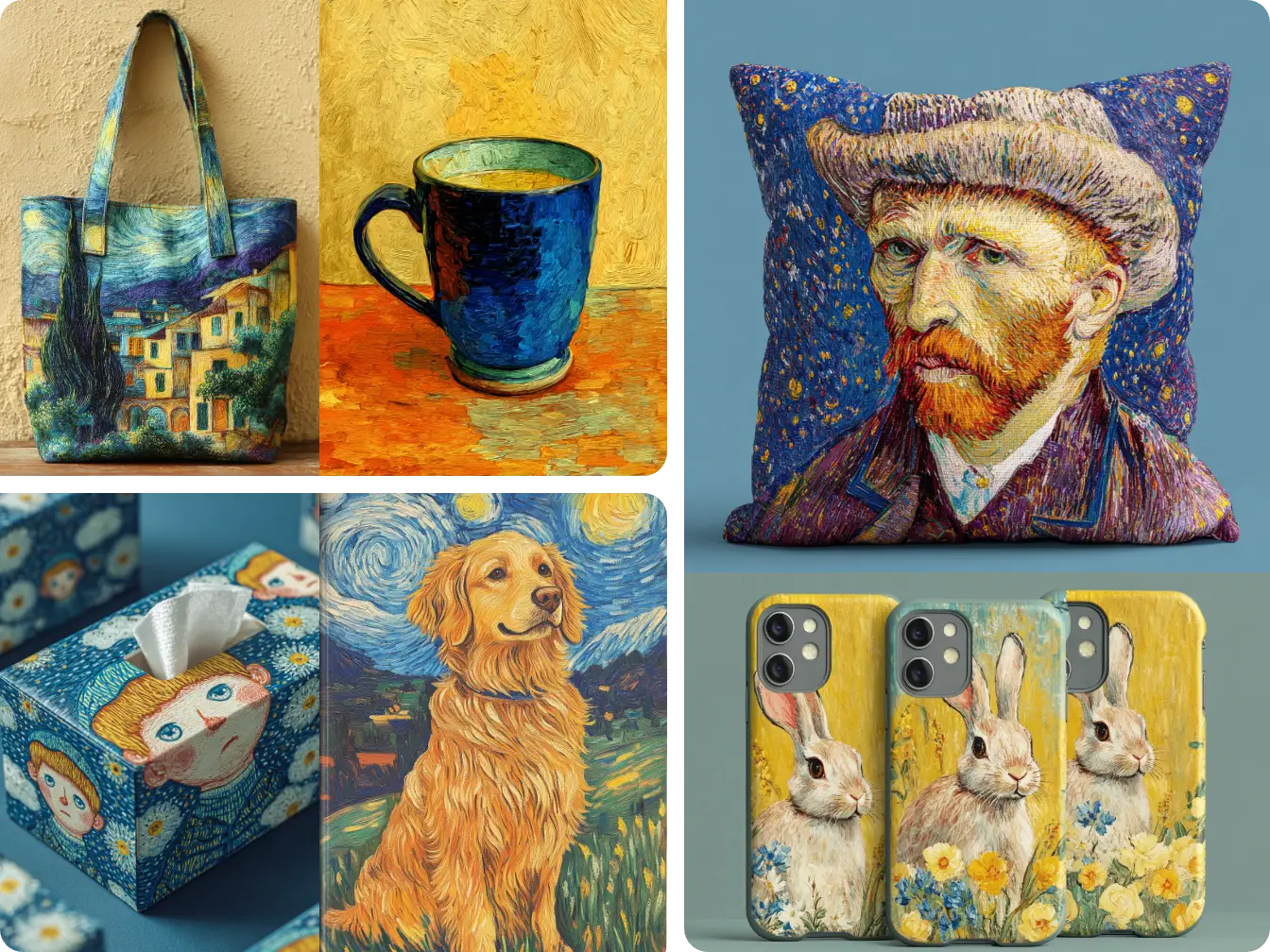 6 immagini di prodotti artistici di van gogh includono la tazza della borsa generata da piclumen ai van gogh maker