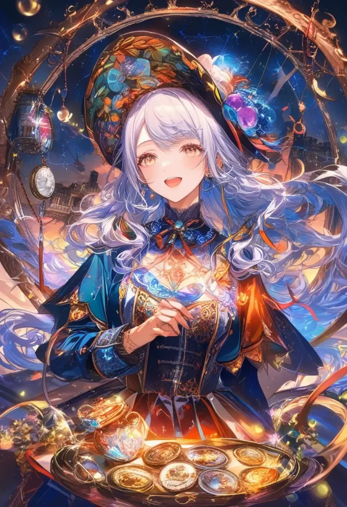 Anime girl in a Victorian dress with silver hair, surrounded by fireflies and twilight glow