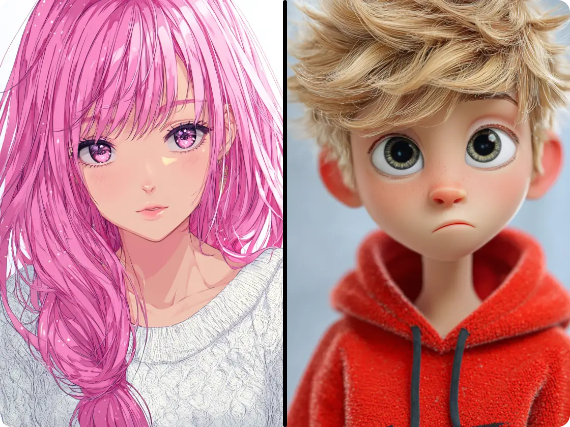 a cute anime girl with pink hair and manga boy with sharp eyes make by ai face generator