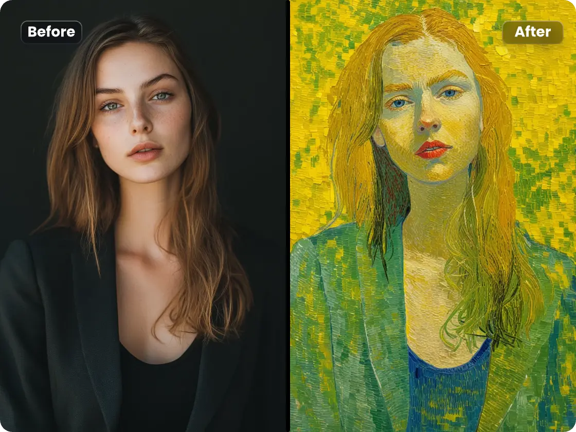 prima e dopo gli effetti della trasformazione di una foto femminile in stile van gogh da piclumen ai van gogh generator