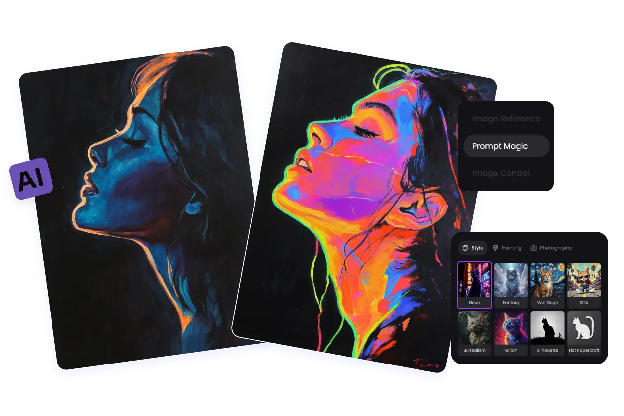 before and after contrast of turning a girl portrait into neon effect with piclumen prompt magic tool and a style selection box