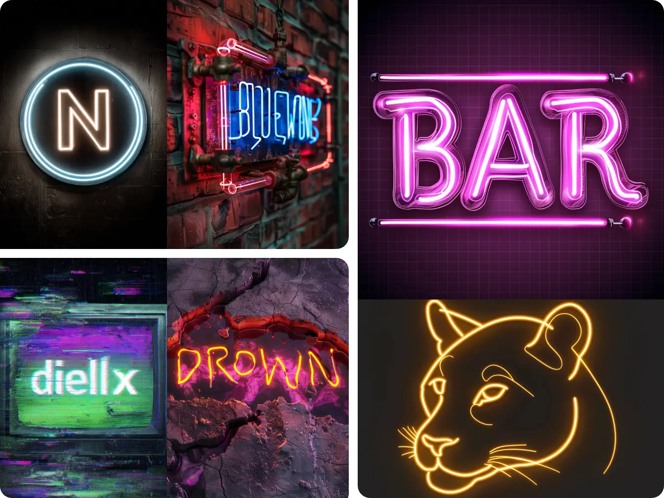 six AI neon logos for branding created by Piclumen